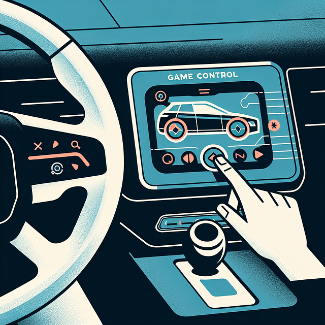 Hand touching Tesla's touchscreen and steering wheel with game control icons