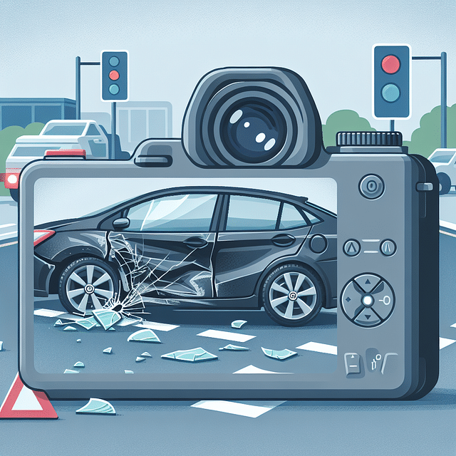 Camera taking photos of car damage and accident scene
