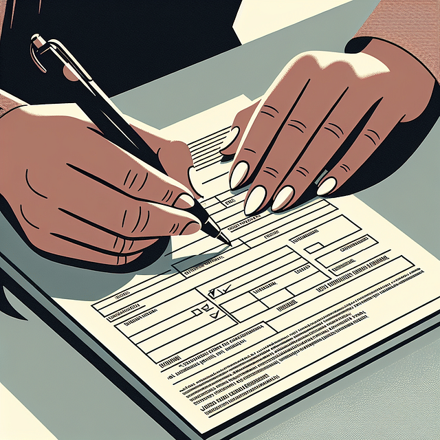 Close-up of hands filling out insurance claim form with pen