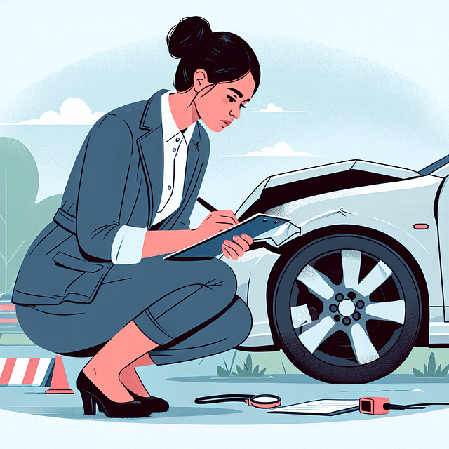 Insurance adjuster inspecting damage on a car