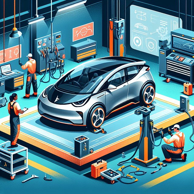 Tesla car being repaired in a modern car shop