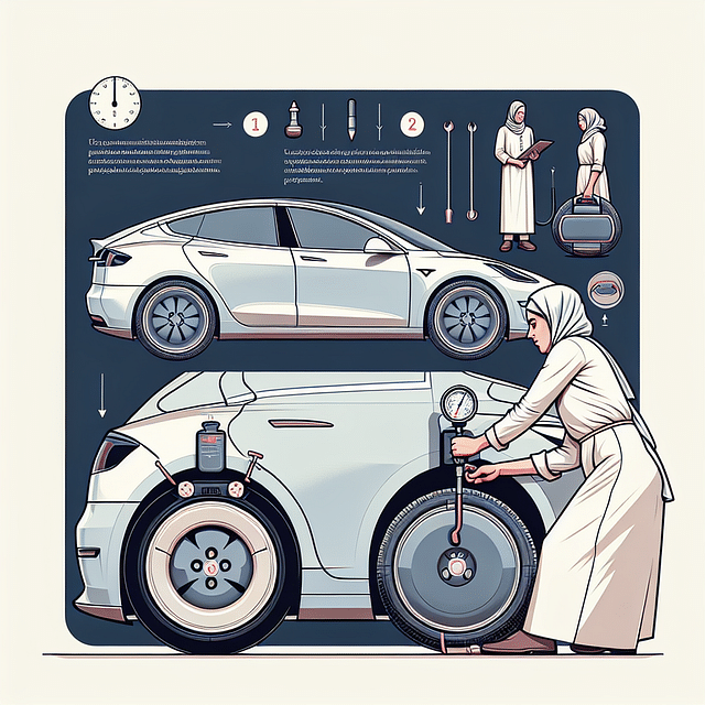 Checking tire pressure on a Tesla with a gauge