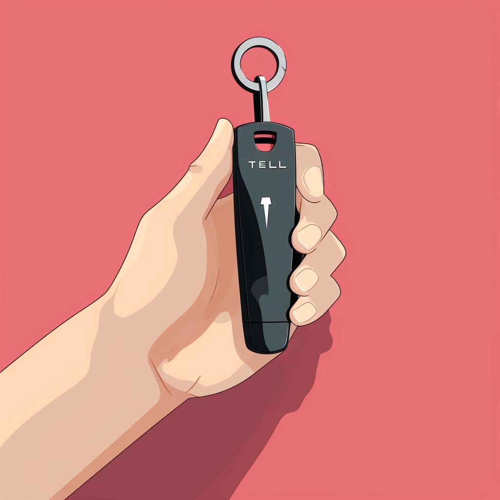 A hand holding a Tesla key fob