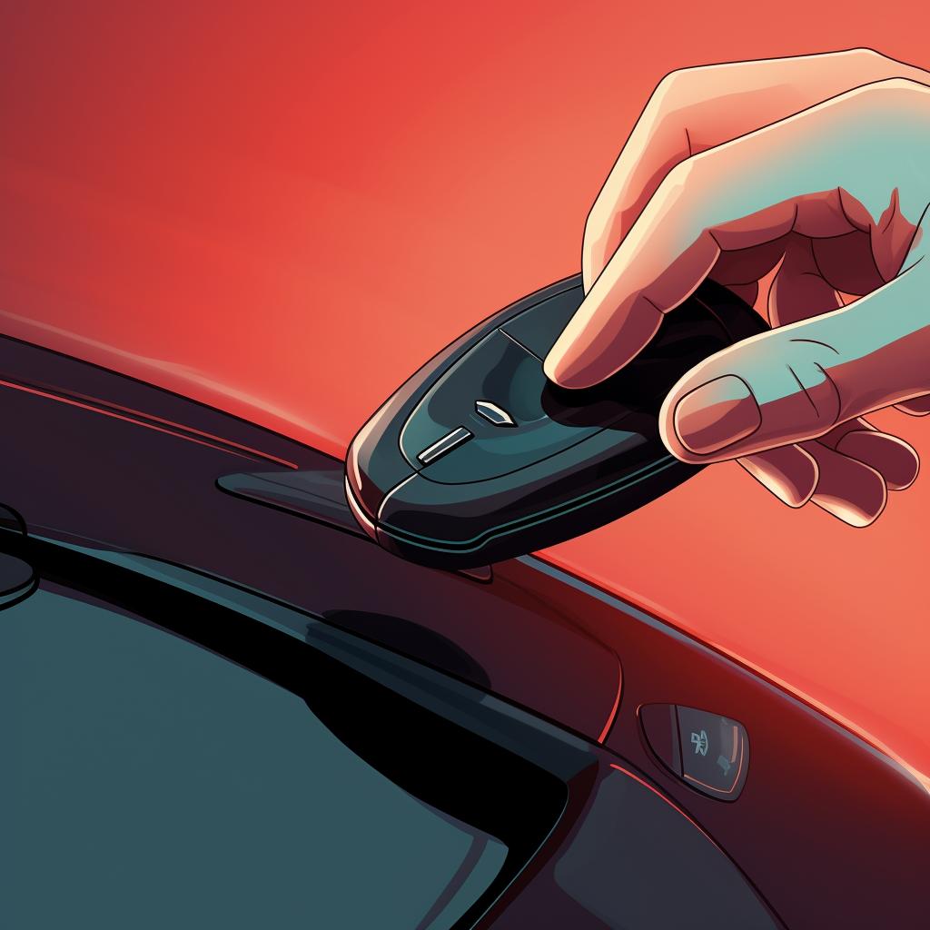 Finger pressing the roof of a Tesla key fob
