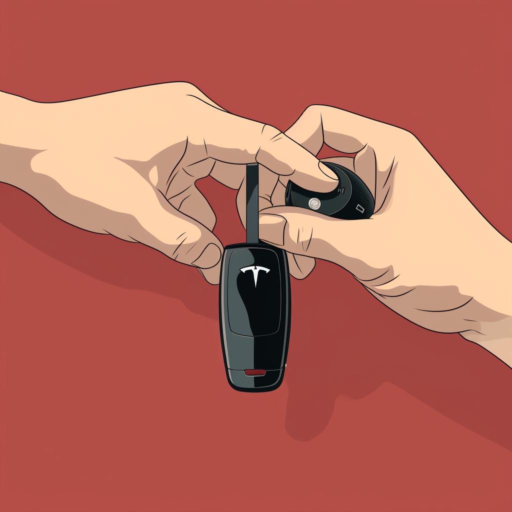 A hand holding a Tesla key fob and pressing the lock button