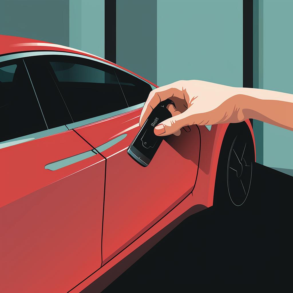 A hand placing the key card against the B-pillar of a Tesla car