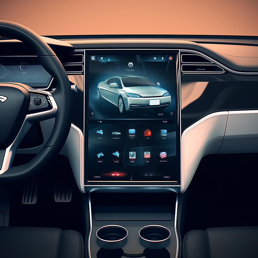 Tesla touchscreen display with the 'Music' and 'Settings' icons highlighted
