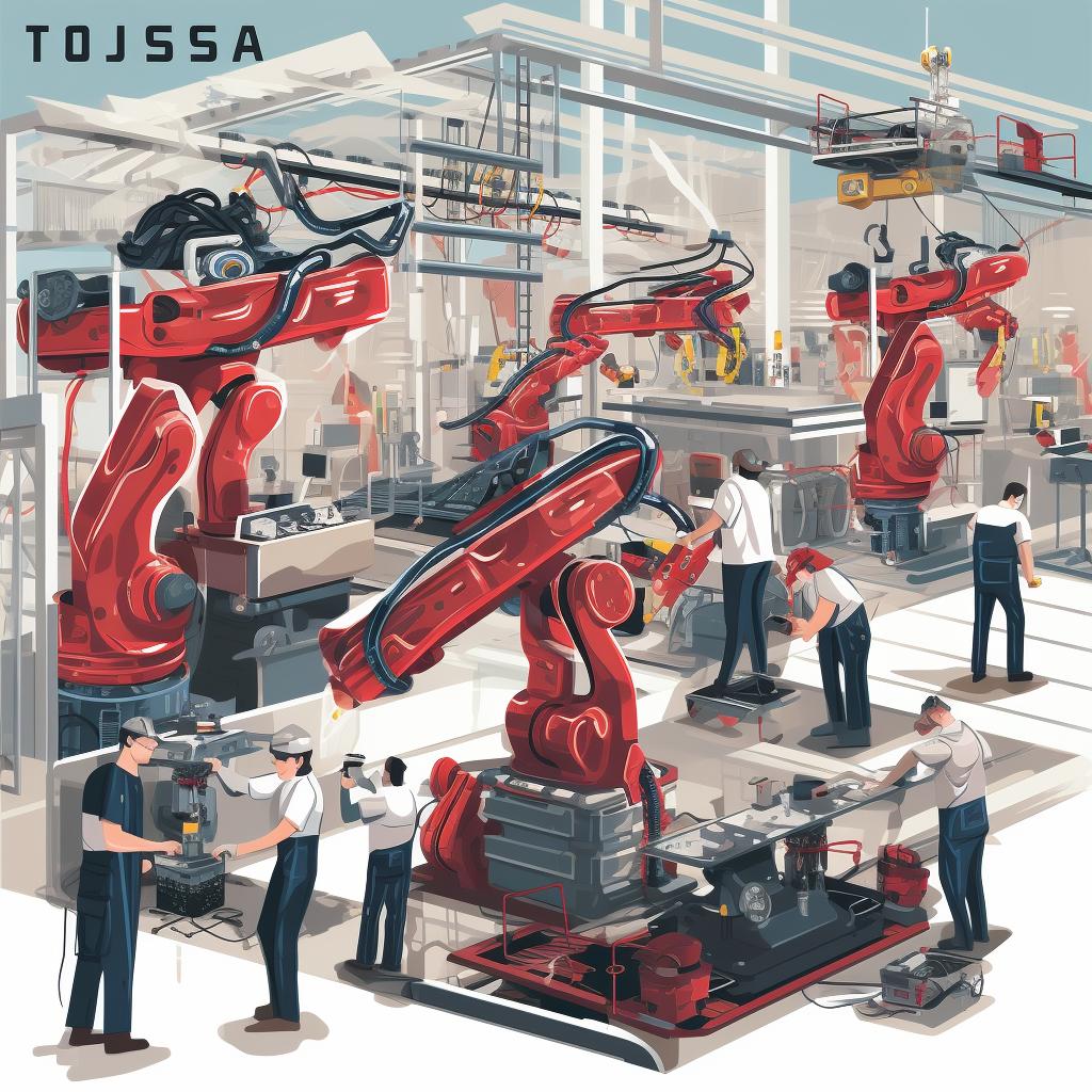 Tesla assembly line with robots and workers