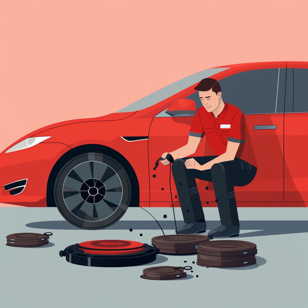 A person inspecting the brake pads and discs on a Tesla