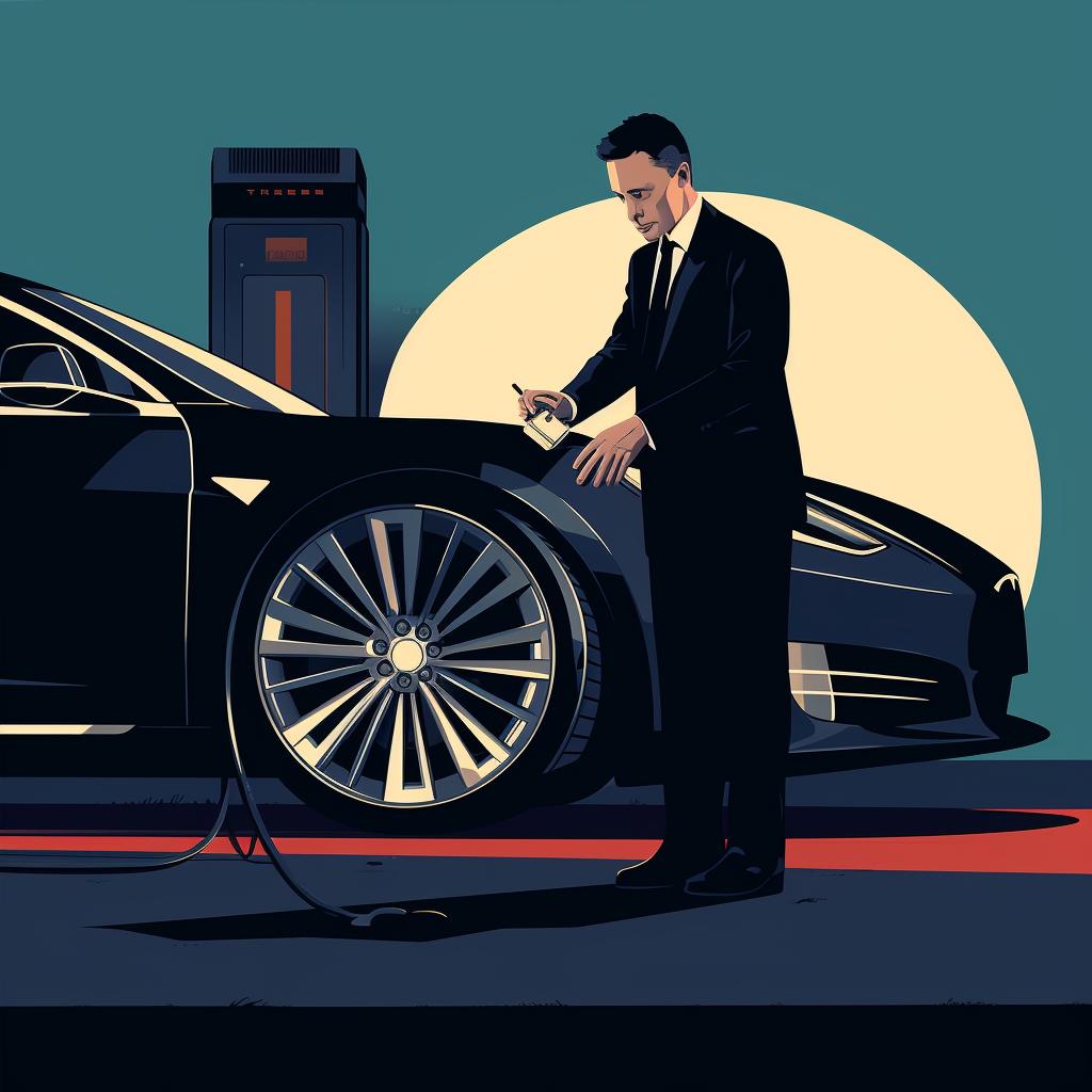 A person checking the tire pressure on a Tesla
