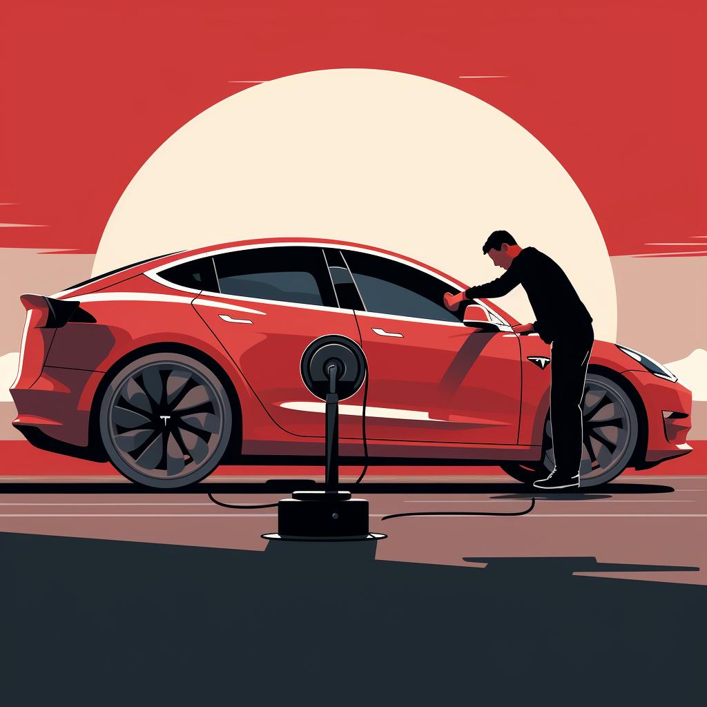 A person checking the tire pressure on a Tesla Model 3