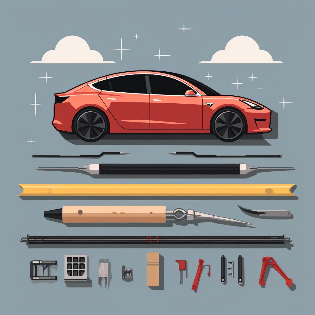 A torque wrench and a Tesla roof rack kit spread out on a table.