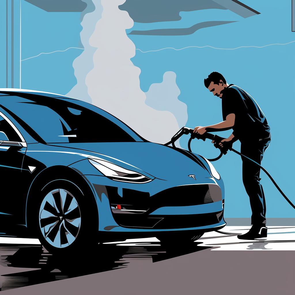 A person gently rinsing a Tesla Model Y with a hose.