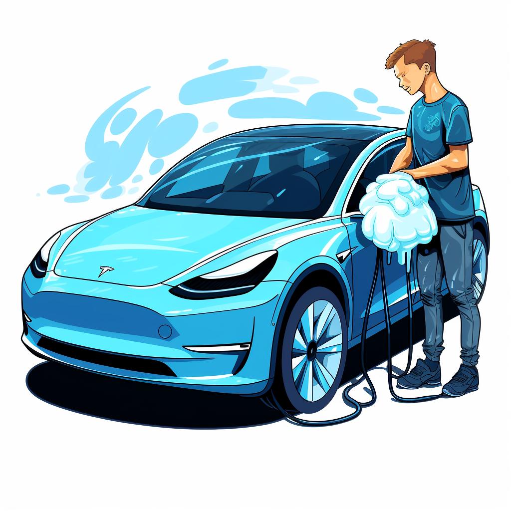 A person applying car wash soap to a Tesla Model Y using a microfiber mitt.
