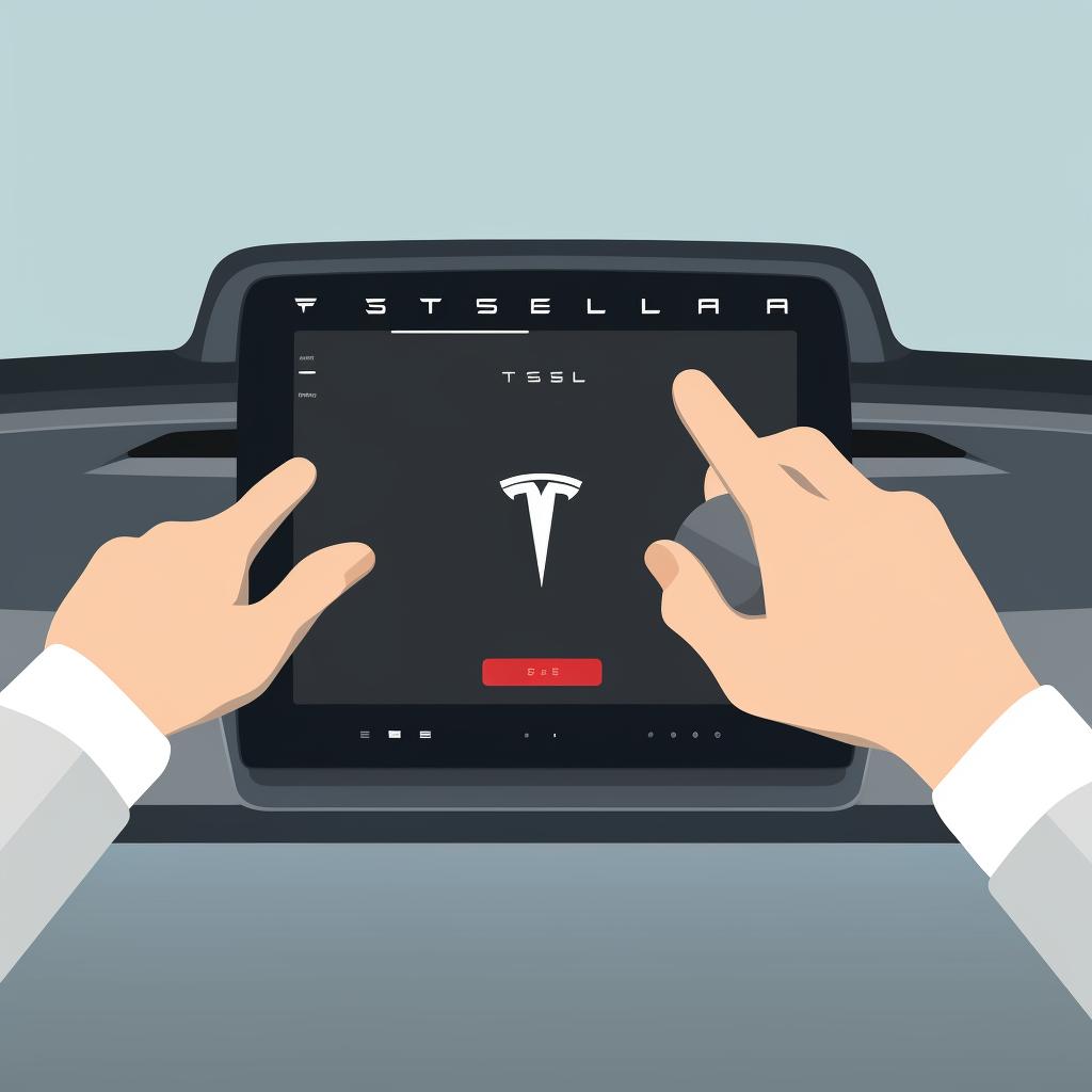 A hand using the playback controls on the Tesla touch screen