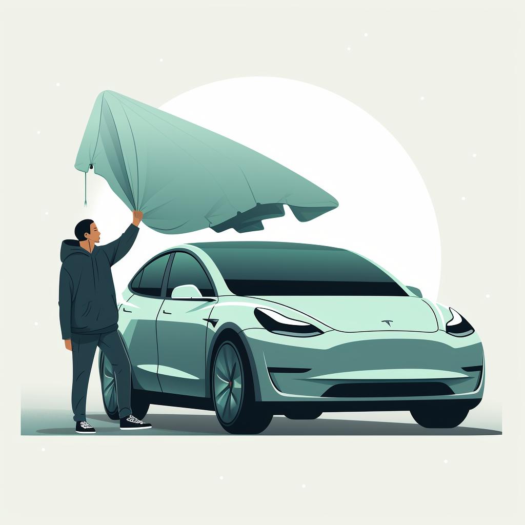 A person drying a Tesla Model Y with a microfiber towel.