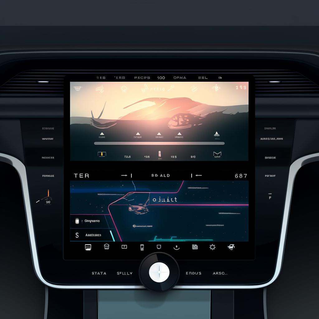 A Tesla's touchscreen displaying a playing music file